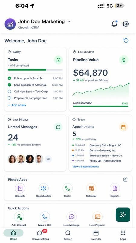 LeadCloser CRM mobile app home screen with tasks, pipeline value, unread messages and appointments